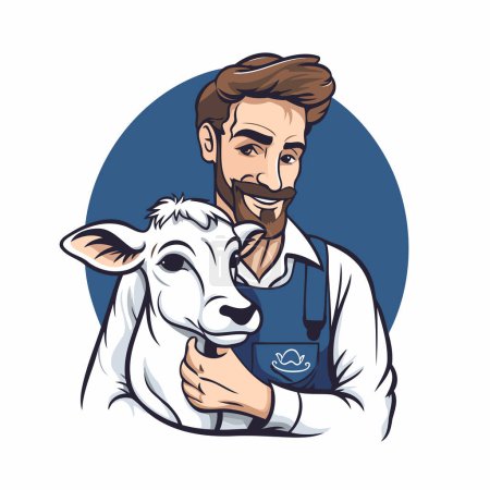 Illustration for Handsome farmer with a cow. Vector illustration in cartoon style. - Royalty Free Image