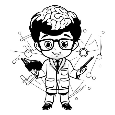 Illustration for Cute boy cartoon with school supplies in black and white vector illustration graphic design - Royalty Free Image