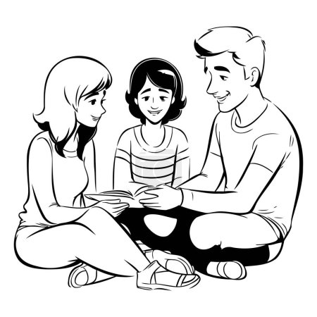 Ilustración de Familia leyendo un libro juntos. Ilustración vectorial en blanco y negro para colorear libro. - Imagen libre de derechos