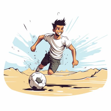 Illustration for Soccer player kicking the ball on the beach. Vector illustration. - Royalty Free Image