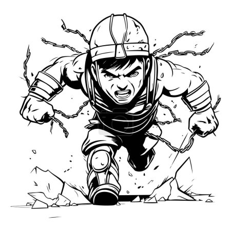Cartoon illustration of a spaceman running from a stone. Black and white version.