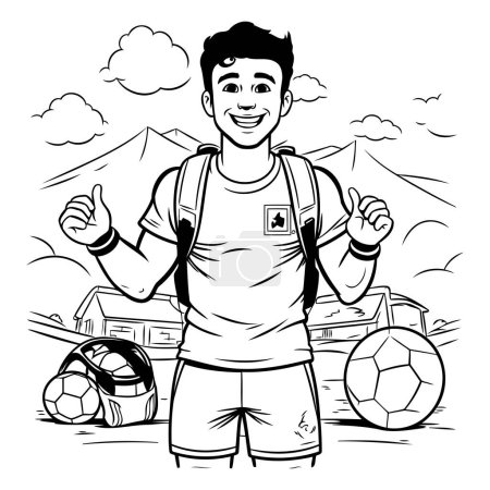 Téléchargez les illustrations : Joueur de football avec dessin animé en noir et blanc vectoriel illustration graphisme - en licence libre de droit