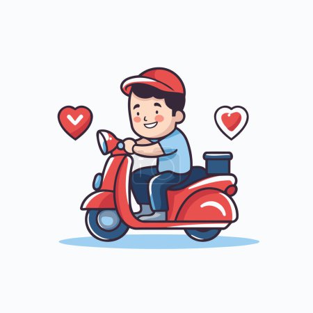 Ilustración de Lindo chico montando un scooter con corazones. Ilustración vectorial. - Imagen libre de derechos