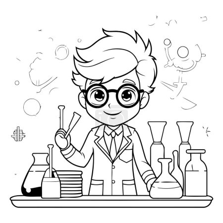 Téléchargez les illustrations : Illustration vectorielle en noir et blanc d'un garçon scientifique faisant des expériences en laboratoire. - en licence libre de droit