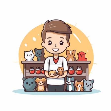 Illustration for Cute boy with cats and dogs. Vector illustration in cartoon style. - Royalty Free Image