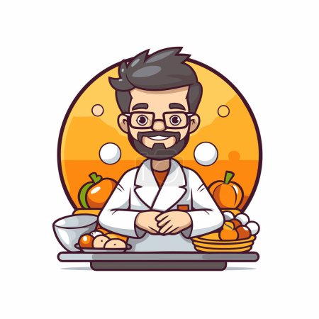 Illustration for Funny Cartoon Doctor with Vegetables and Fruits Vector Illustration - Royalty Free Image