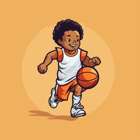 Illustration for African american boy playing basketball. cartoon vector illustration isolated on orange background. - Royalty Free Image