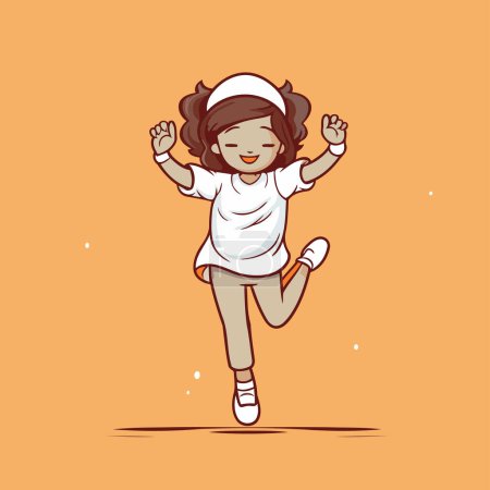 Ilustración de Ilustración vectorial de una niña saltando en el aire sobre un fondo naranja. - Imagen libre de derechos