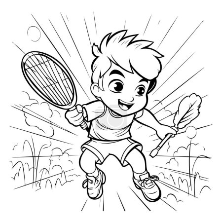 Ilustración de Chico jugando al bádminton. Ilustración vectorial en blanco y negro para colorear libro. - Imagen libre de derechos