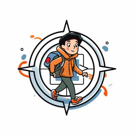 Téléchargez les illustrations : Illustration vectorielle d'un garçon avec une boussole à la main. Style plat. - en licence libre de droit