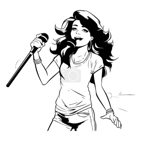 Vector illustration of a girl singing with a microphone in her hand.