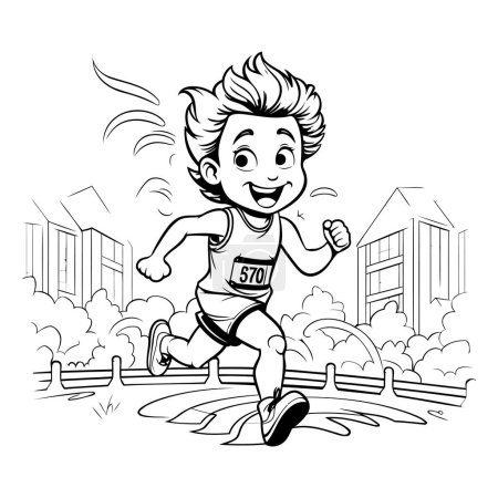 Illustration for Boy running in the city. Black and white vector illustration for coloring book. - Royalty Free Image
