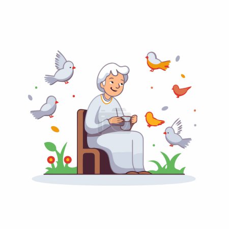 Ilustración de Mujer mayor sentada en una silla y sosteniendo una taza de café. Ilustración vectorial - Imagen libre de derechos