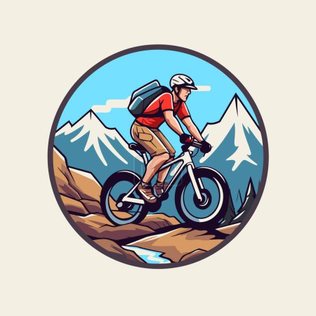 Illustration for Mountain biker with backpack riding on a bike. Vector illustration. - Royalty Free Image