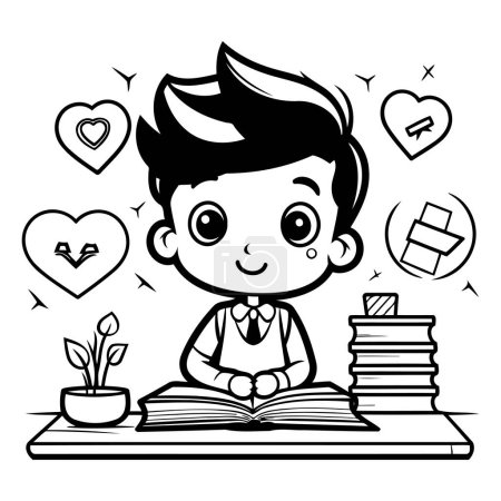 Illustration for Cute boy reading a book. Black and white vector illustration. - Royalty Free Image