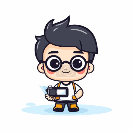 Illustration for Cute photographer boy with camera. Vector flat cartoon character illustration. - Royalty Free Image