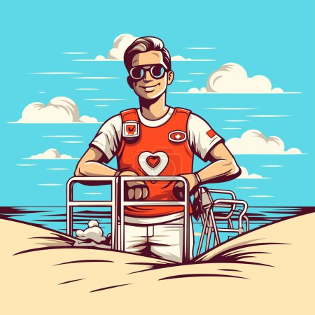 Illustration for Man with a suitcase on the beach. Vector illustration in retro style. - Royalty Free Image