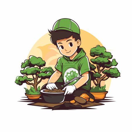 Téléchargez les illustrations : Joli petit garçon plantant un arbre dans le jardin. Illustration vectorielle. - en licence libre de droit