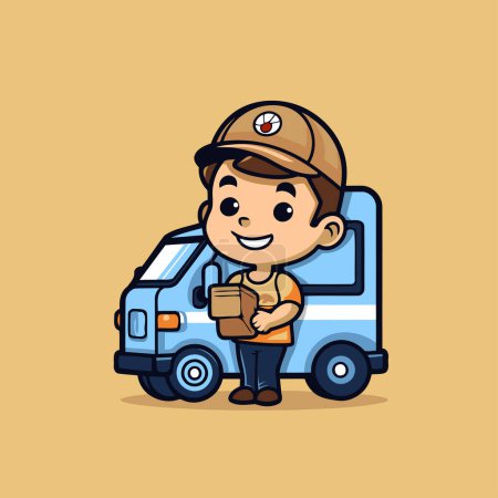 Téléchargez les illustrations : Joli livreur avec un camion. Illustration vectorielle d'un personnage de dessin animé. - en licence libre de droit