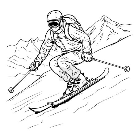 Téléchargez les illustrations : Ski alpin skieur. Illustration vectorielle dessinée à la main en noir et blanc. - en licence libre de droit