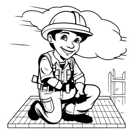 Téléchargez les illustrations : Dessin animé noir et blanc illustrant un travailleur de la construction ou un entrepreneur - en licence libre de droit