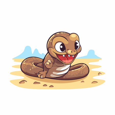 Téléchargez les illustrations : Mignon serpent de dessin animé assis sur le sable. Illustration vectorielle isolée sur fond blanc. - en licence libre de droit