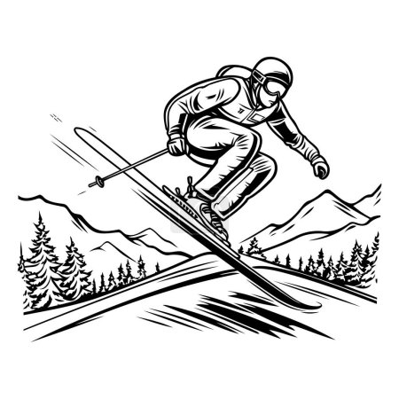 Téléchargez les illustrations : Skieur sautant dans les montagnes. Illustration vectorielle noir et blanc du ski acrobatique. - en licence libre de droit
