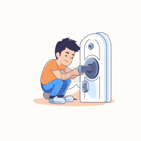Illustration for Cute boy is repairing the door handle. Flat style vector illustration. - Royalty Free Image