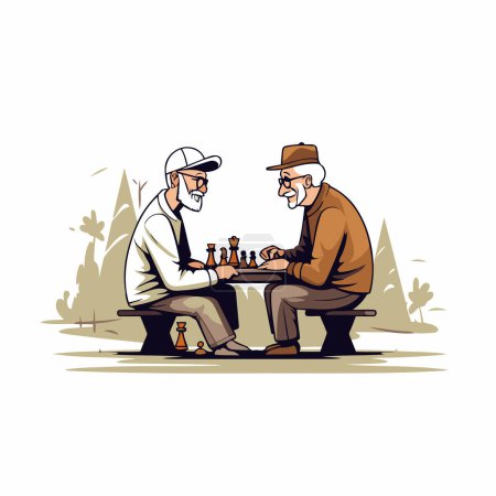 Two old men playing chess in the park. Vector illustration in cartoon style.