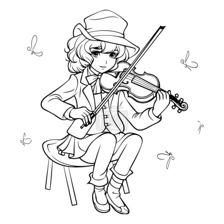 Téléchargez les illustrations : Belle fille dans un chapeau avec un violon. Illustration vectorielle noir et blanc. - en licence libre de droit