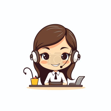 Ilustración de Mujer operador de atención al cliente con auriculares y ordenador portátil de dibujos animados diseño gráfico vectorial - Imagen libre de derechos