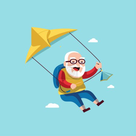 Téléchargez les illustrations : Vieil homme volant sur un cerf-volant. Illustration vectorielle dans le style dessin animé - en licence libre de droit