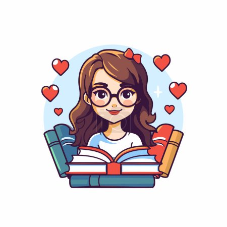 Illustration for Cute girl with glasses and books. Vector illustration in a flat style. - Royalty Free Image