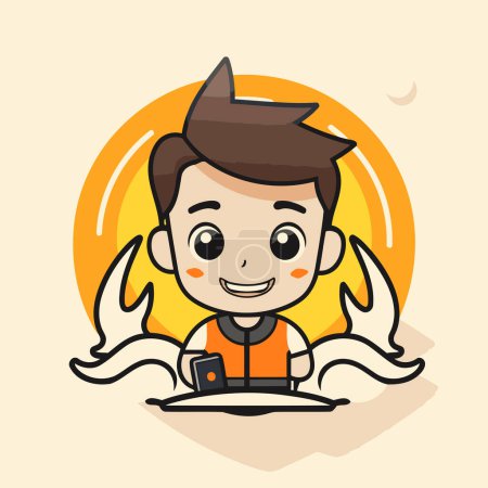 Illustration for Cartoon boy with smart phone. Vector illustration in cartoon style. - Royalty Free Image