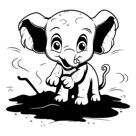Téléchargez les illustrations : Illustration de bande dessinée noir et blanc de bébé éléphant mignon jouant avec le sol pour le livre à colorier - en licence libre de droit