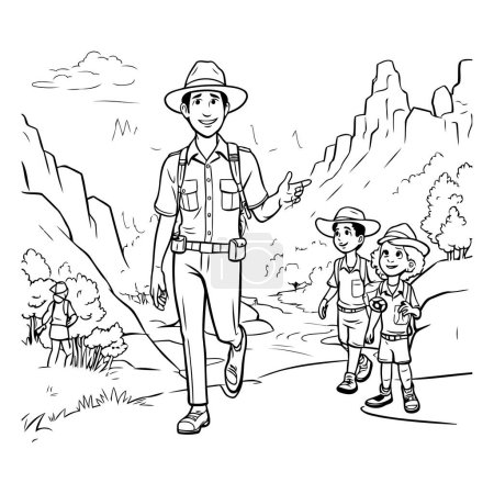 Ilustración de Senderista con niños en las montañas ilustración en blanco y negro - Imagen libre de derechos
