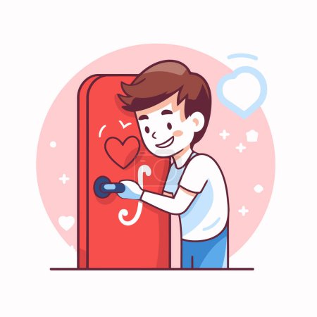 Téléchargez les illustrations : Homme avec le cœur sur la porte. Illustration vectorielle dans le style dessin animé. - en licence libre de droit