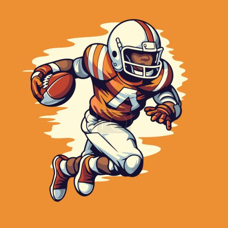 Téléchargez les illustrations : Joueur de football américain qui court avec un ballon sur fond orange. Illustration vectorielle. - en licence libre de droit