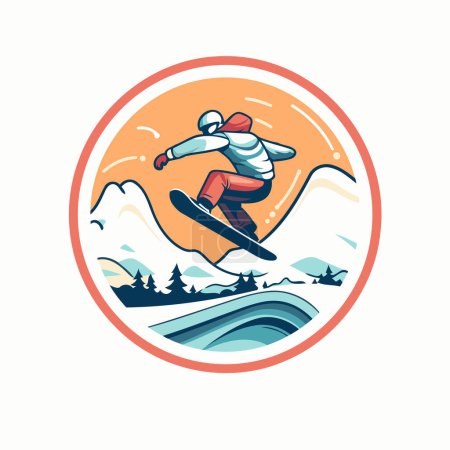 Téléchargez les illustrations : Snowboarder sautant dans les montagnes. Illustration vectorielle dans un style rétro. - en licence libre de droit