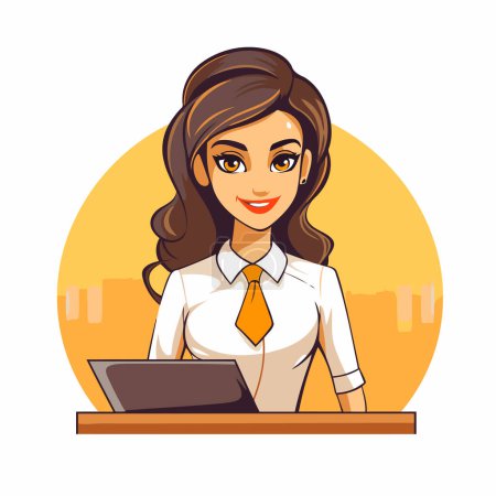 Téléchargez les illustrations : Belle femme d'affaires avec ordinateur portable. Illustration vectorielle dans le style dessin animé. - en licence libre de droit