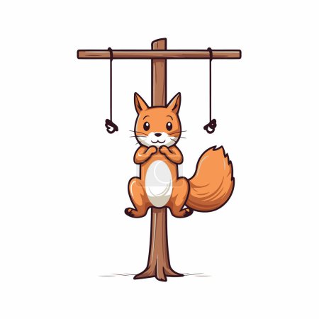 Illustration for Cute cartoon squirrel hanging on a wooden pole. Vector illustration. - Royalty Free Image