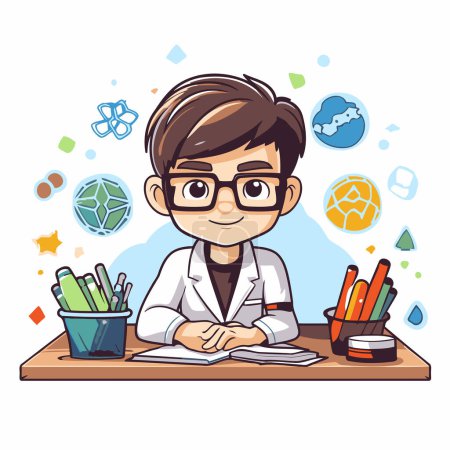 Illustration for Cute little boy in science gown and glasses sitting at the desk. Vector illustration. - Royalty Free Image