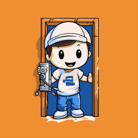Illustration for Cute boy holding a key in front of the door. Vector illustration. - Royalty Free Image