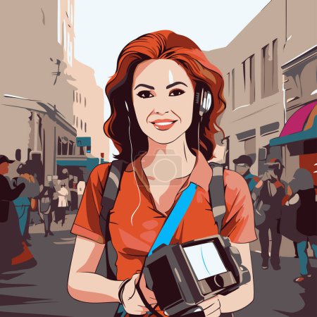 Beautiful woman tourist with a camera in the city. Vector illustration.