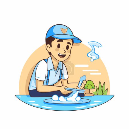 Téléchargez les illustrations : Plombier nettoyer l'eau. Illustration vectorielle dans un style plat. - en licence libre de droit