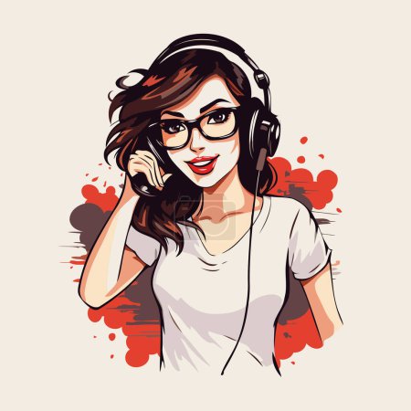 Ilustración de Hermosa joven con auriculares escuchando música. Ilustración vectorial. - Imagen libre de derechos