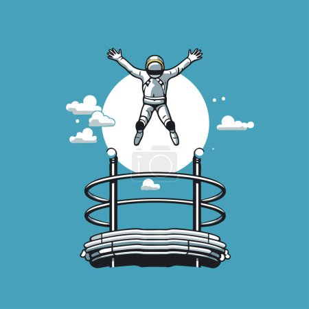 Astronaut jumping on the fence. Vector illustration in flat style