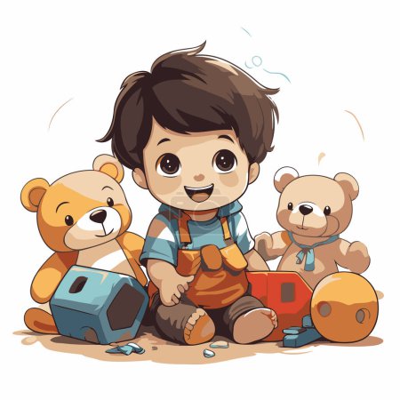 Illustration for Cute boy playing with toys on white background. Vector illustration. - Royalty Free Image