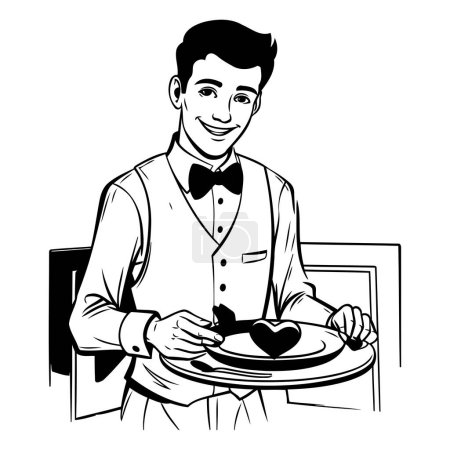 Téléchargez les illustrations : Jeune homme serveur servant un plateau avec une illustration vectorielle de coeur graphisme - en licence libre de droit