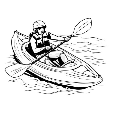 Illustration for Man rowing a kayak. Black and white vector illustration. - Royalty Free Image